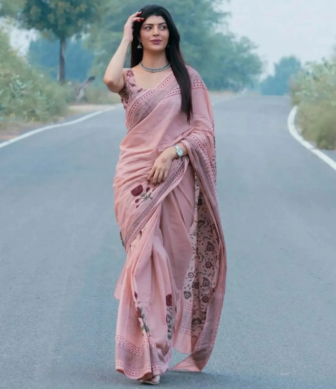 Soft Pink Digital Printed Daily Wear Premium Linen Saree