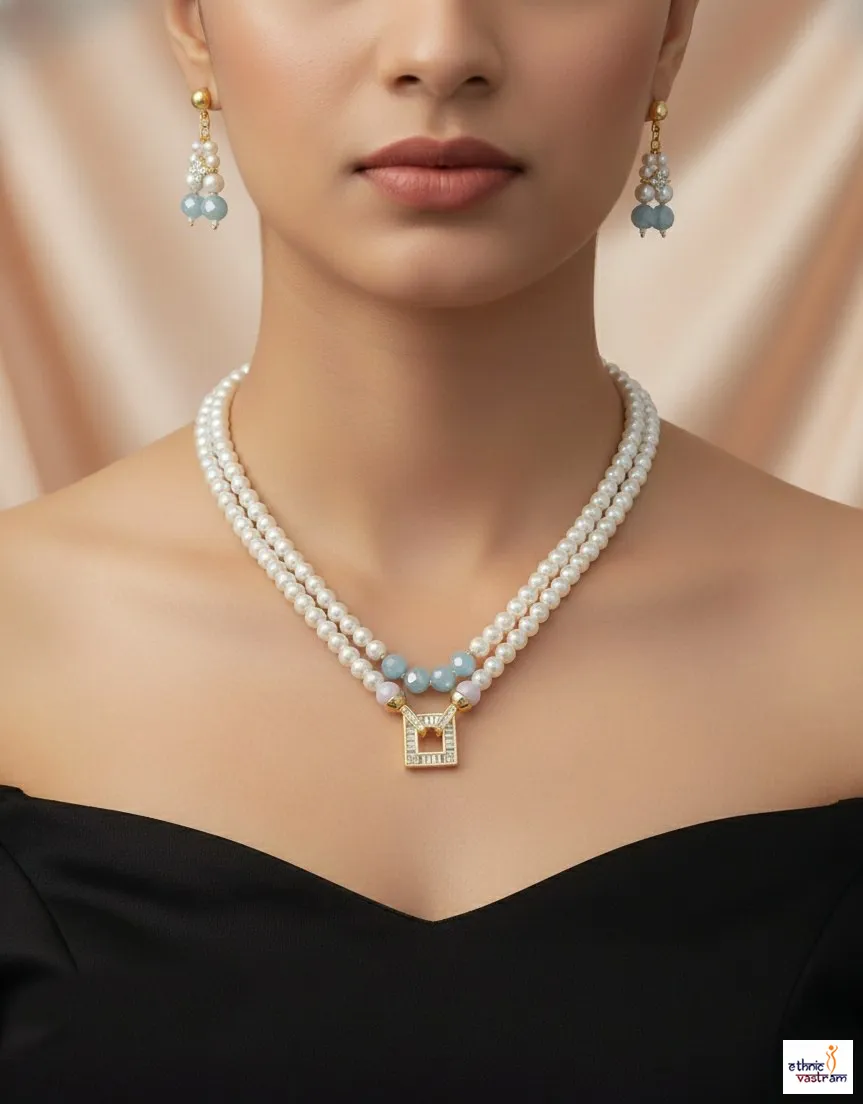 Square Crystal Pendant Double-Strand Pearl Necklace Set