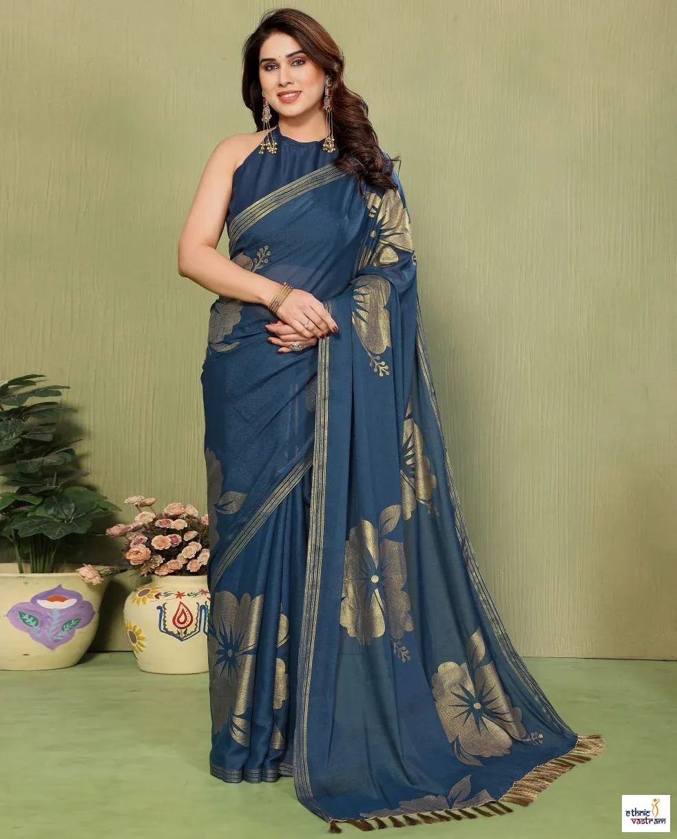 Teal Blue Star Georgette Silk Foil Work Saree With Tassels
