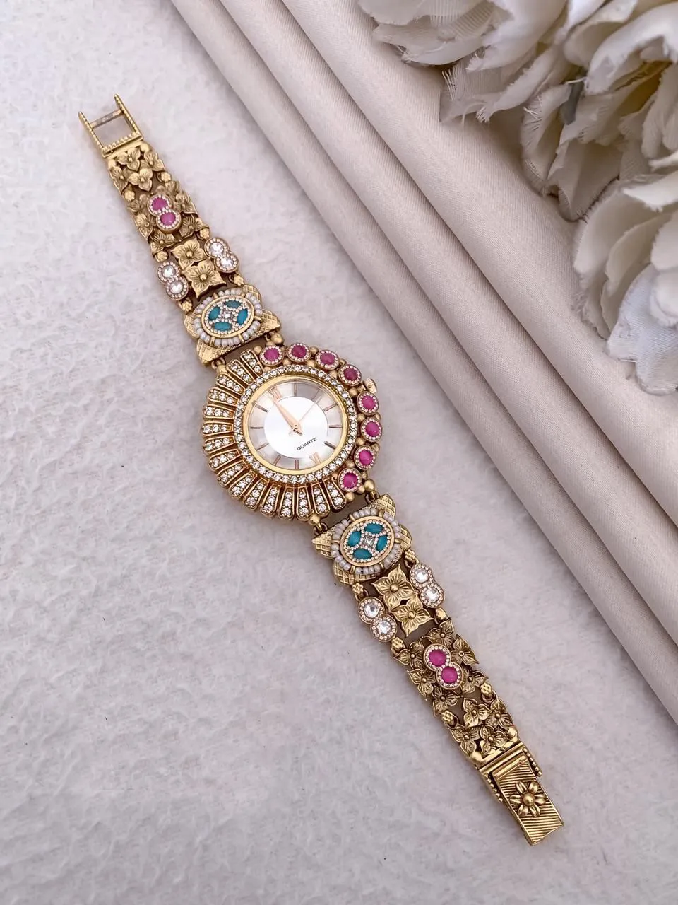 Teal & Pink Ruby Gold-Plated Meenakari Bracelet Watch