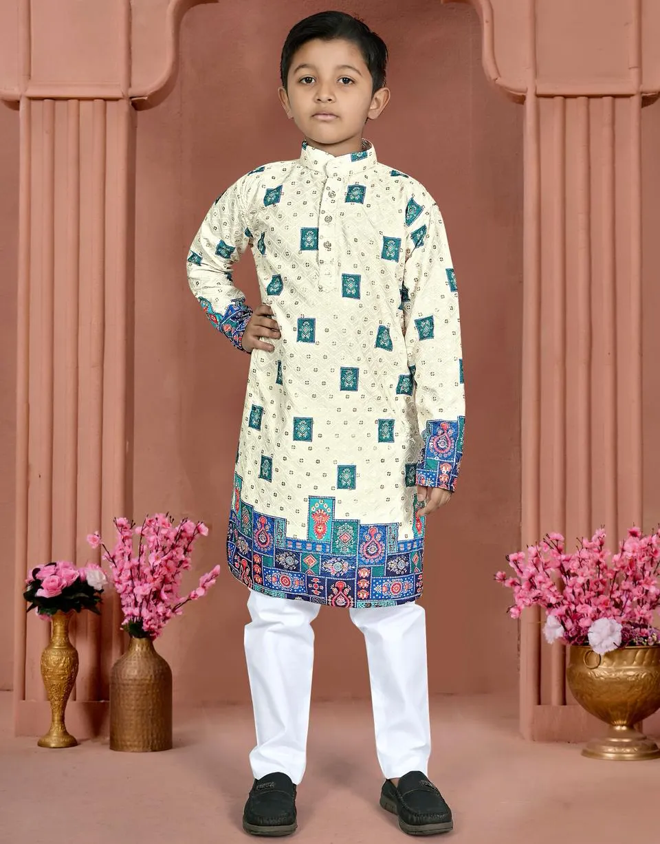 Teal Rayon Chikankari Work Kid’s Festive Kurta Pajama