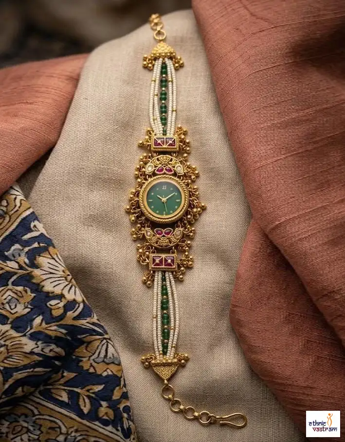Traditional Kemp Stone & Pearl Ethnic Designer Bracelet Watch
