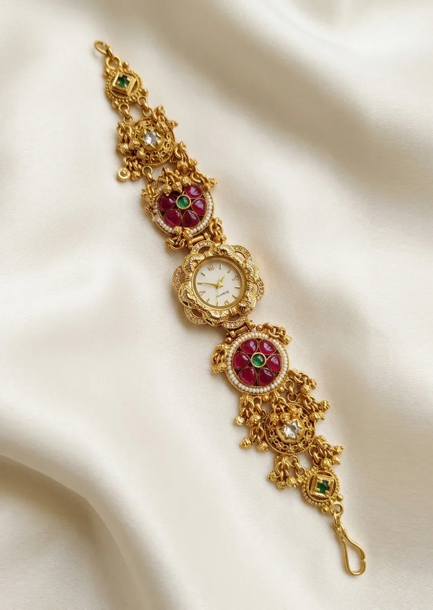 Traditional Wristwatch With Ruby, Emerald & Pearl Ghungroo Drops