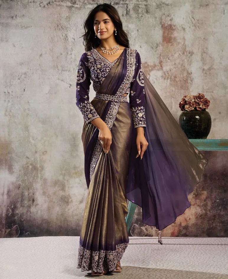 Violet And Gold Metallic Gold Satin Handwork One Minute Saree