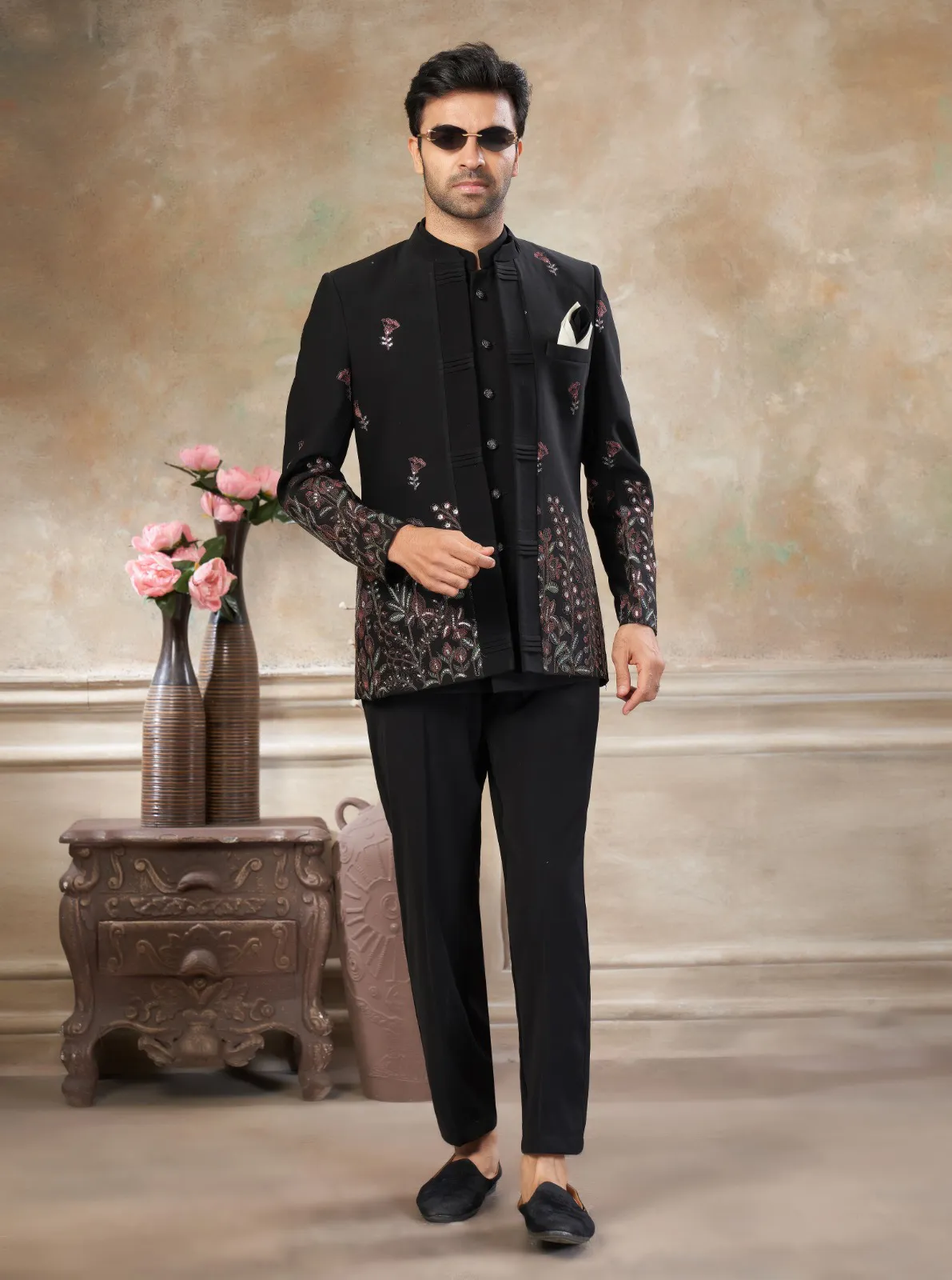 Black Terry Rayon Sequins Embroidered Jodhpuri Suit Set