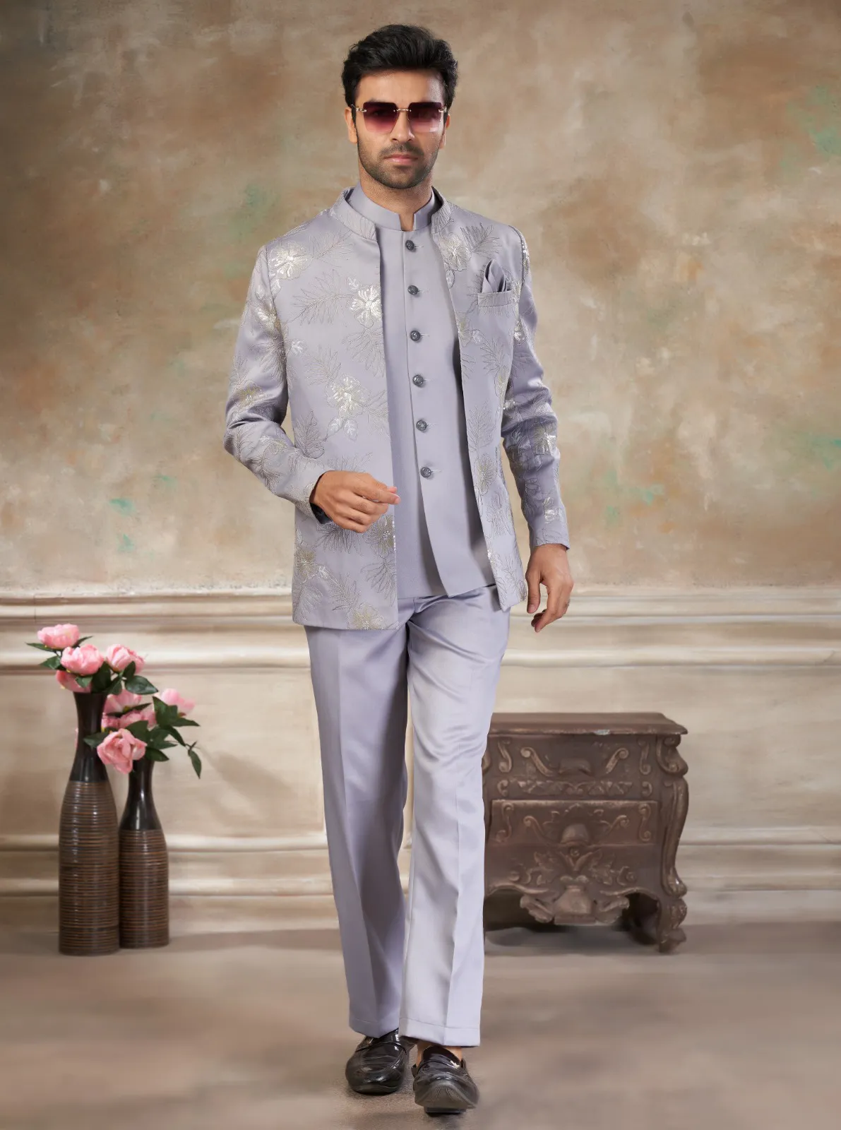 Grey Terry Rayon Sequins Embroidered Jodhpuri Suit Pant Set