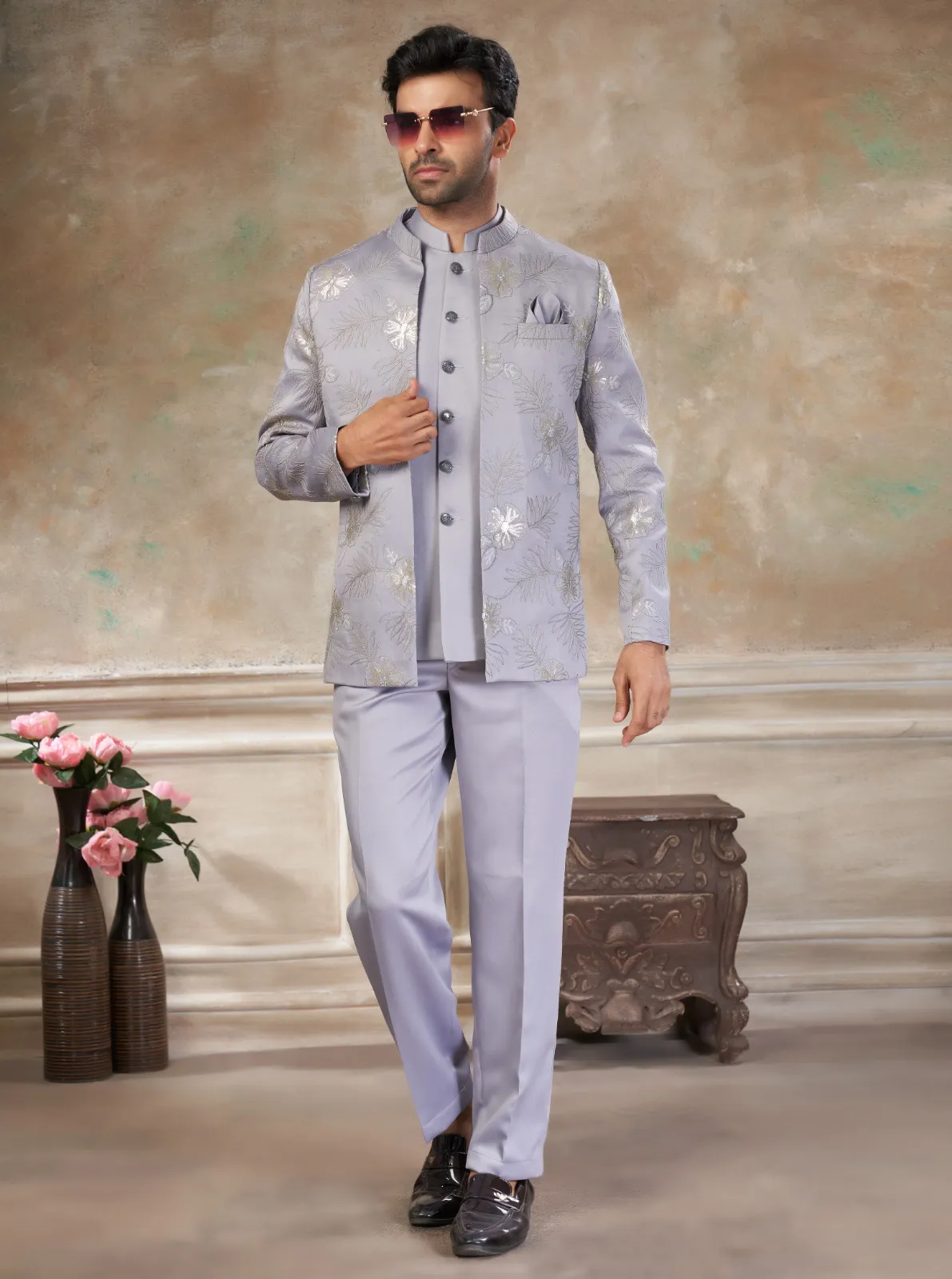 Grey Terry Rayon Sequins Embroidered Jodhpuri Suit Pant Set - Image 2