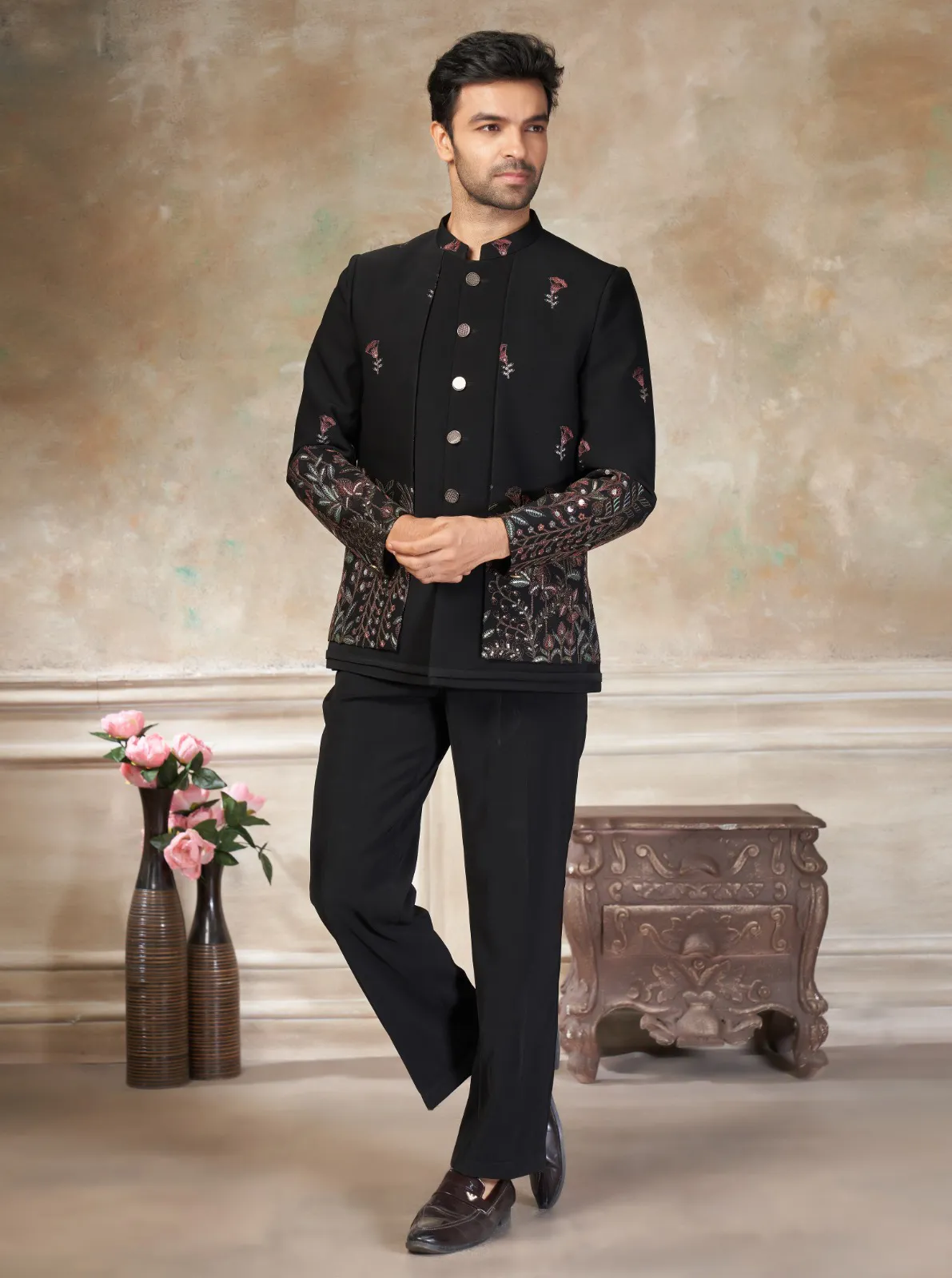 Black Terry Rayon Sequins Embroidered Jodhpuri Suit Pant Set
