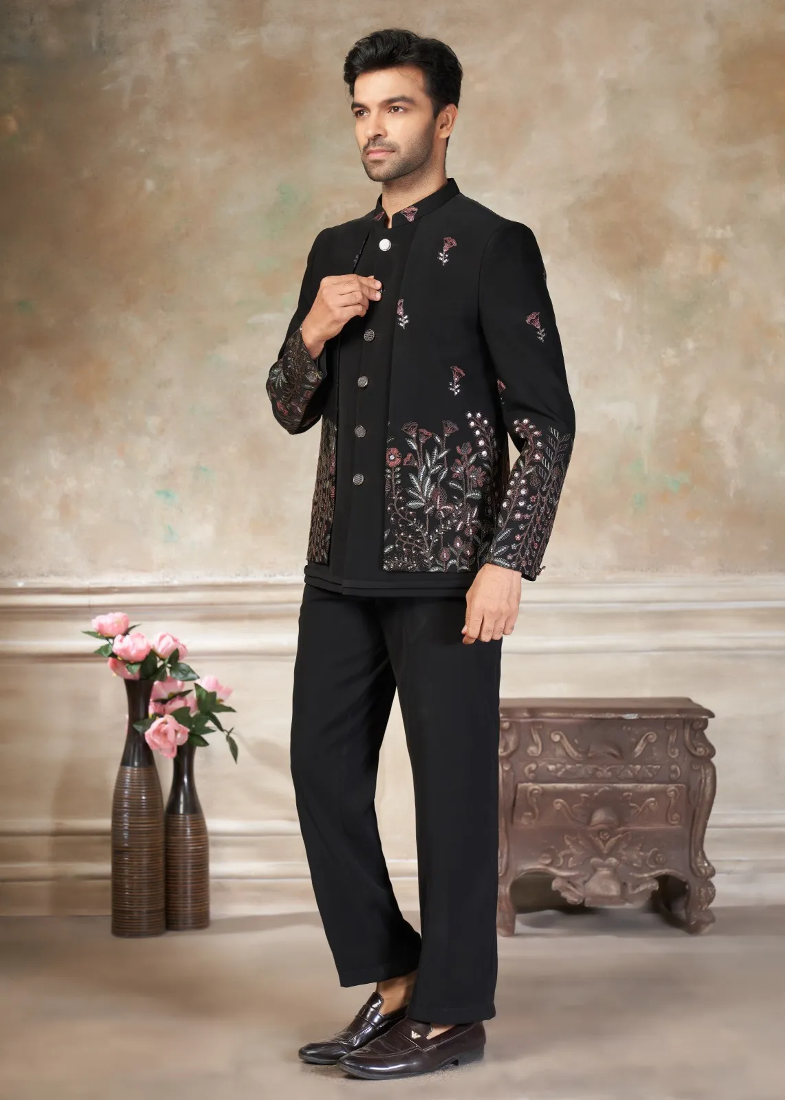 Black Terry Rayon Sequins Embroidered Jodhpuri Suit Pant Set - Image 2