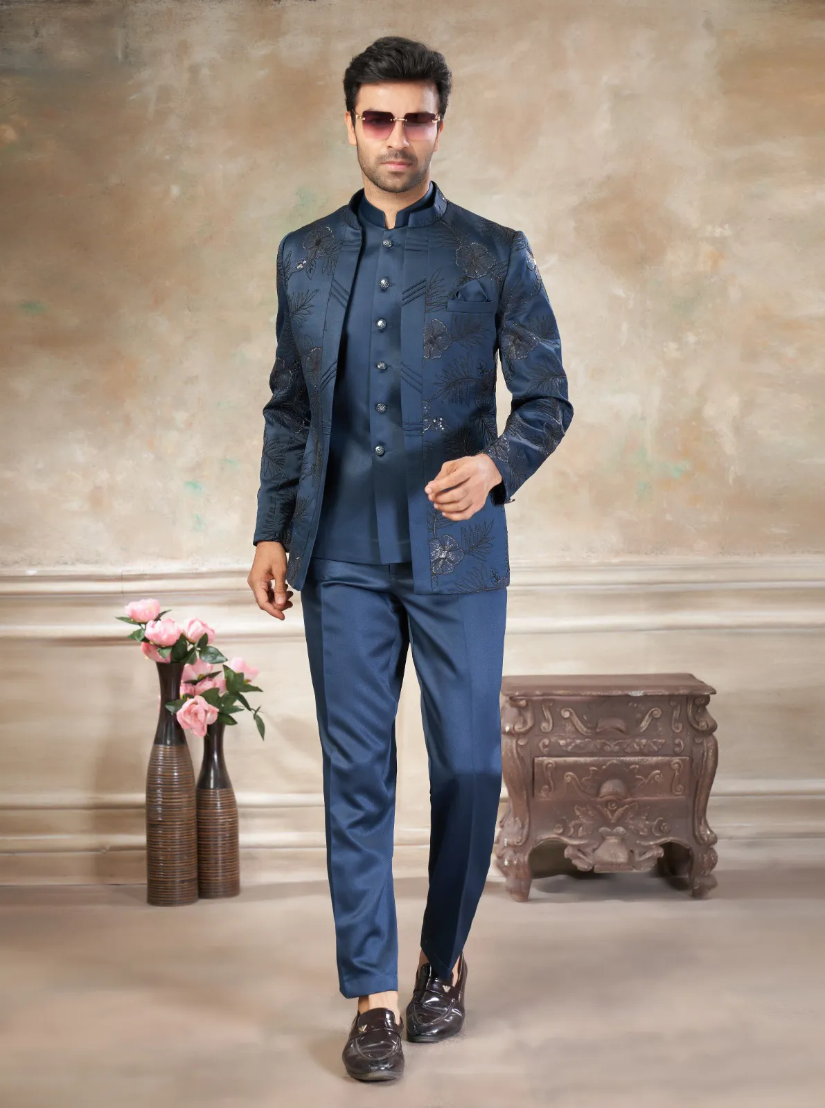 Blue Terry Rayon Sequins Embroidered Jodhpuri Suit Pant Set