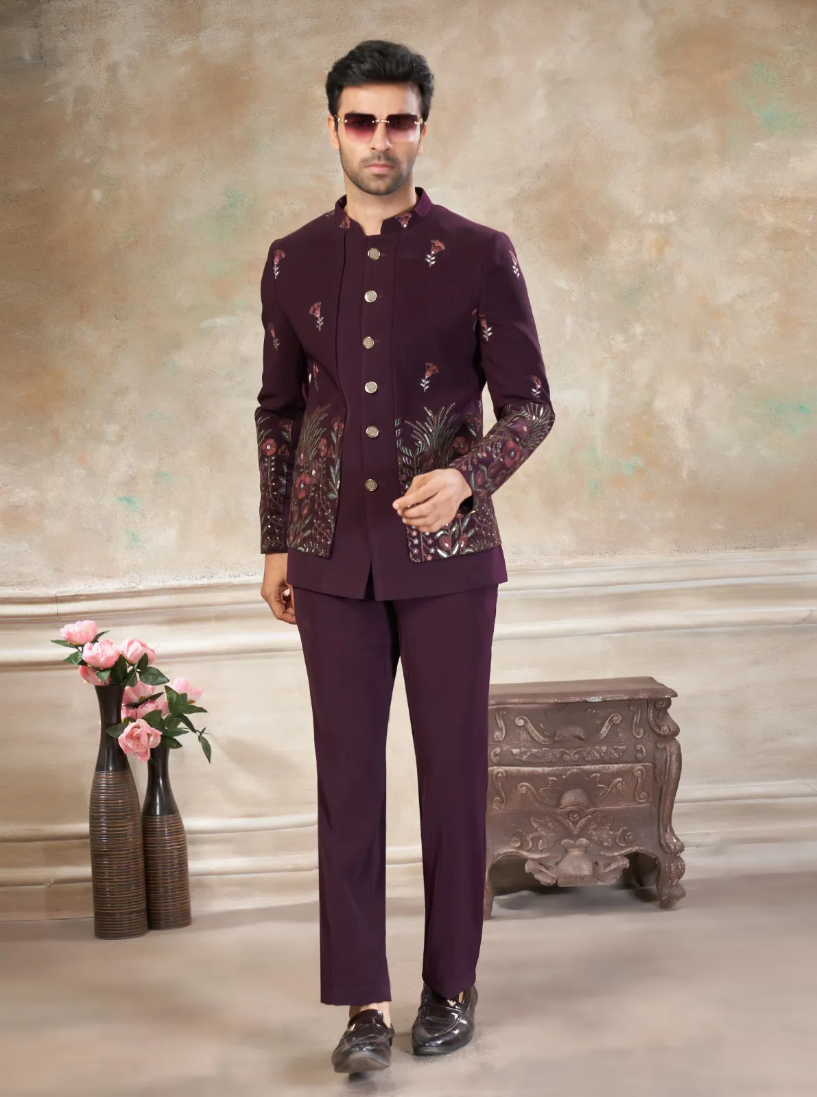Wine Terry Rayon Sequins Embroidered Jodhpuri Suit Pant Set