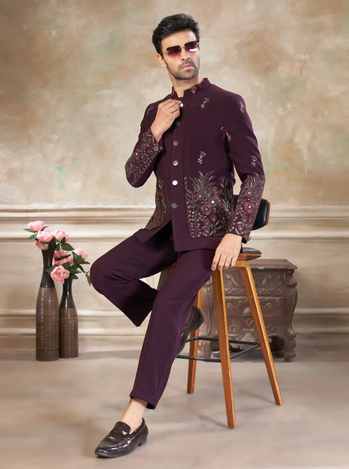Wine Terry Rayon Sequins Embroidered Jodhpuri Suit Pant Set - Image 2