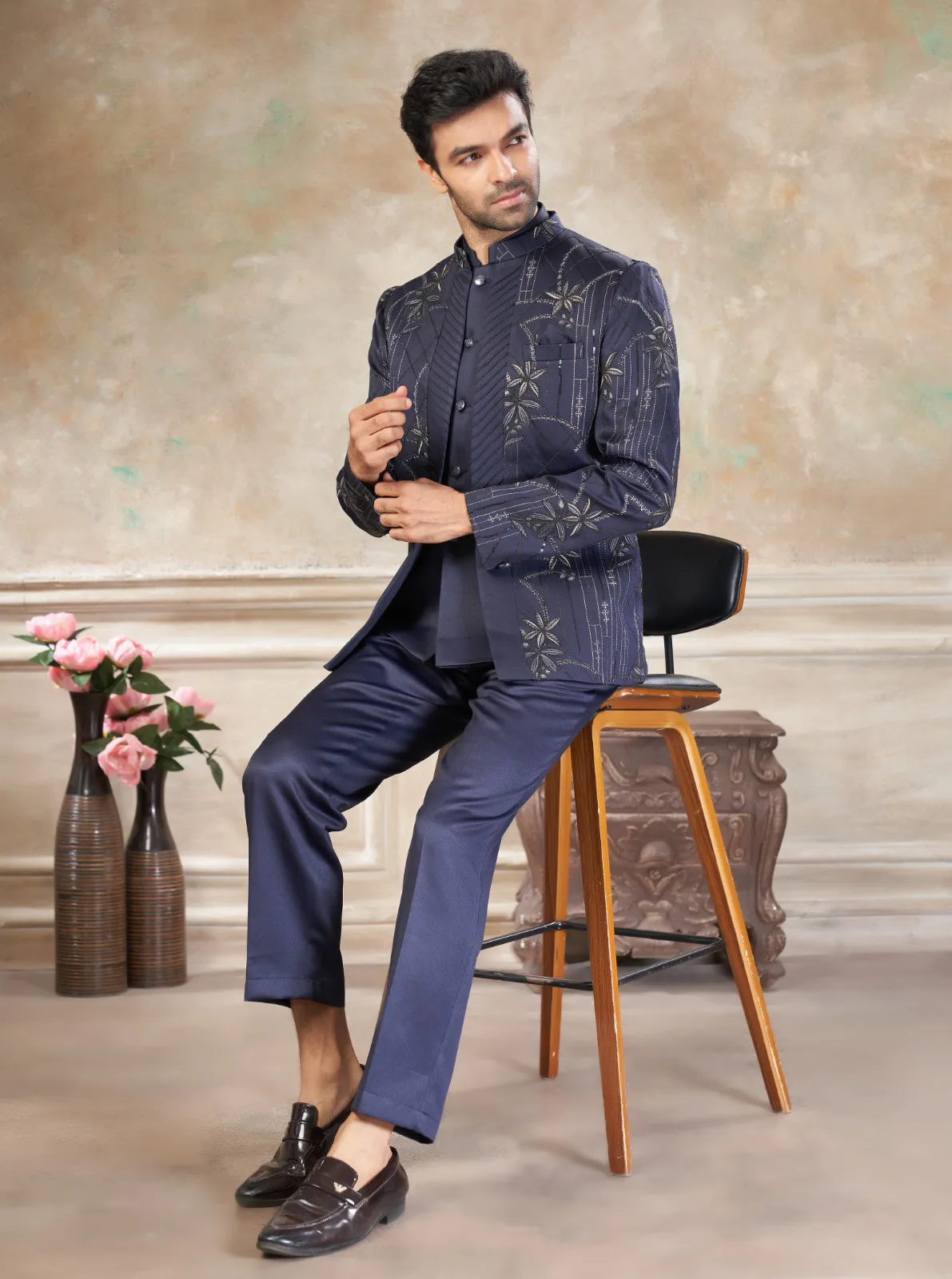 Navy Blue Terry Rayon Sequins Embroidered Jodhpuri Suit Pant Set