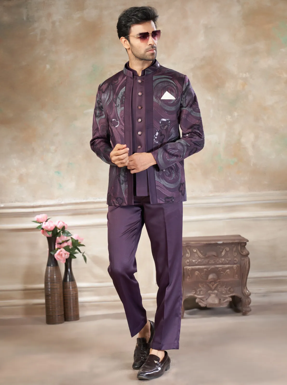 Purple Terry Rayon Sequins Embroidered Jodhpuri Suit Pant Set