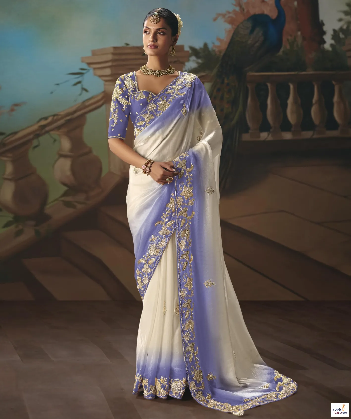 White & Blue Glass Tissue Sequins Embroidered Designer Saree