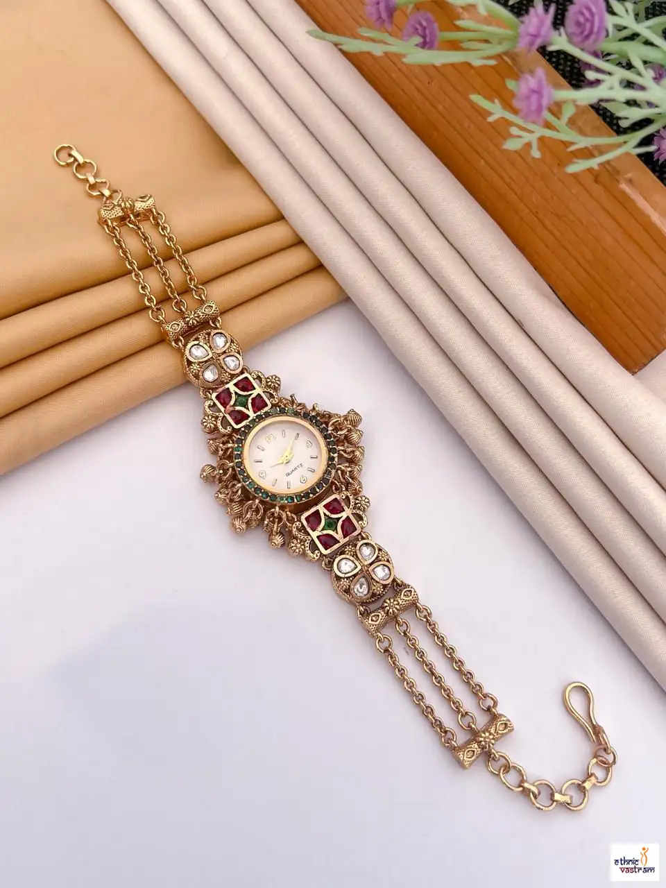 White Dial Green Bezel Detailing Kundan Bracelet Watch