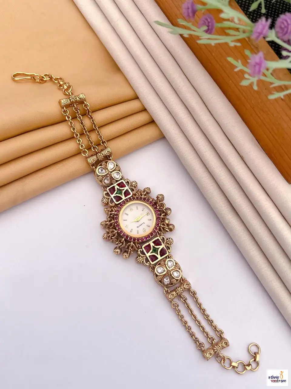 White Dial Ruby-Green Stone Detailing Kundan Bracelet Watch