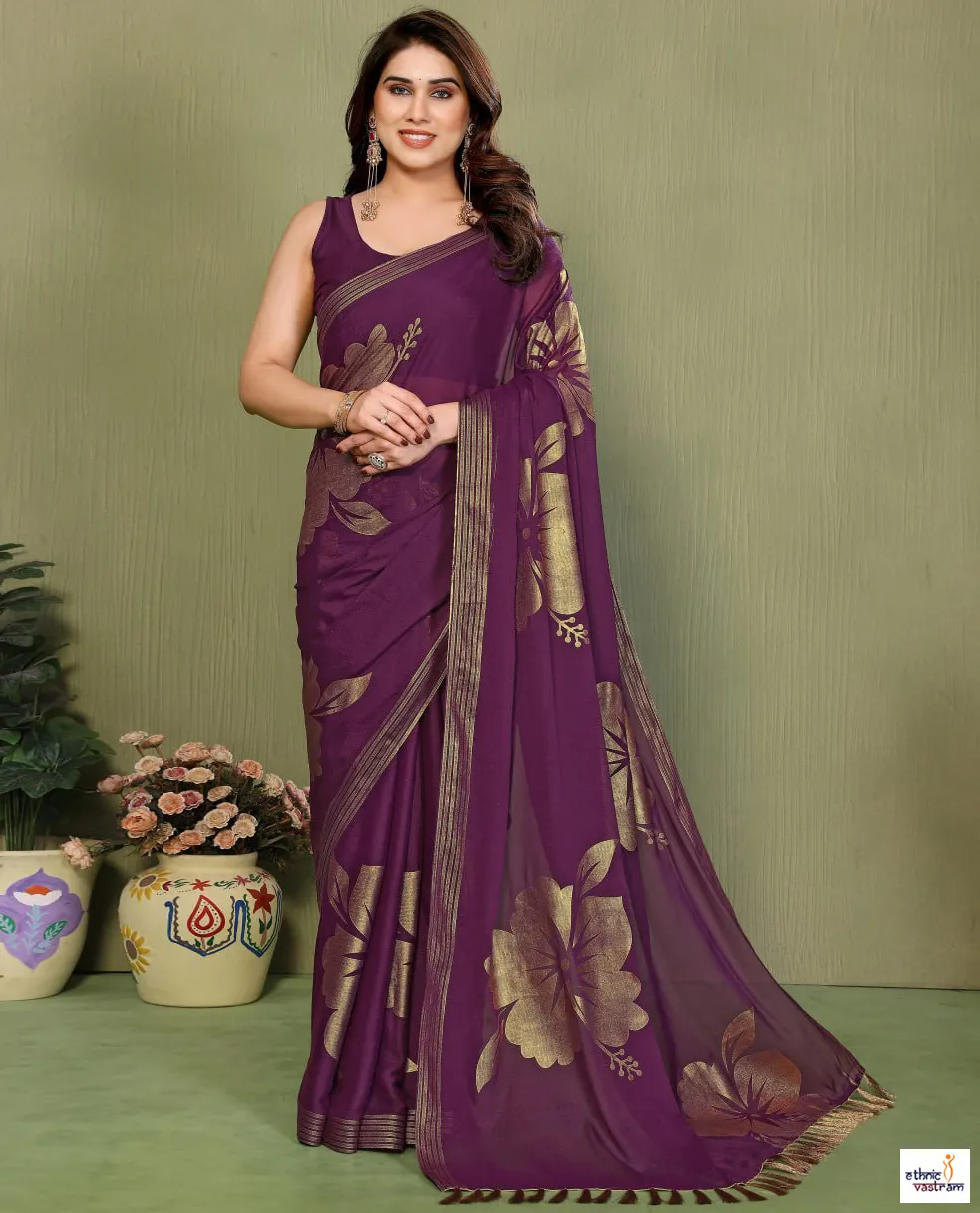 Wine Star Georgette Silk Foil Work Saree With Tassels