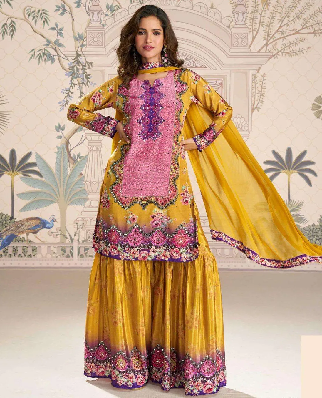 Yellow Premium Real Crepe Silk Mirror Work Gharara Set