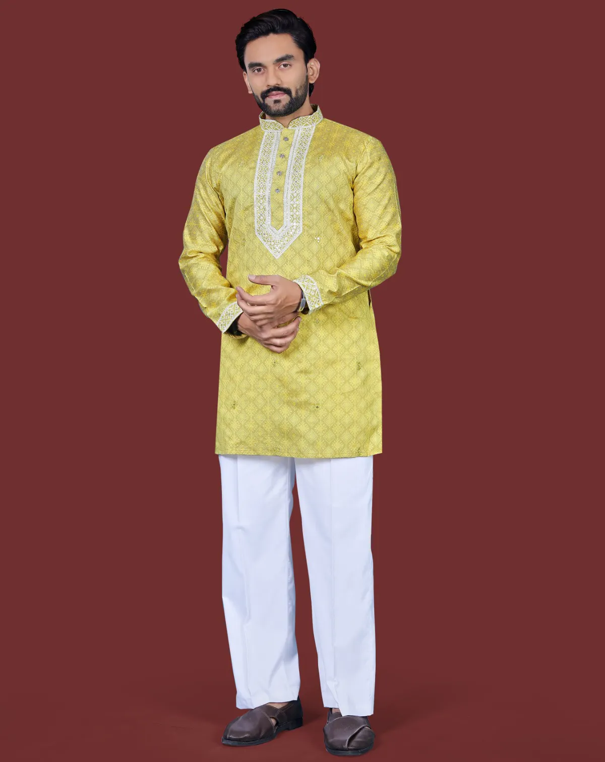 Yellow Silk Embroidered Kurta Set With Baggy Pajama
