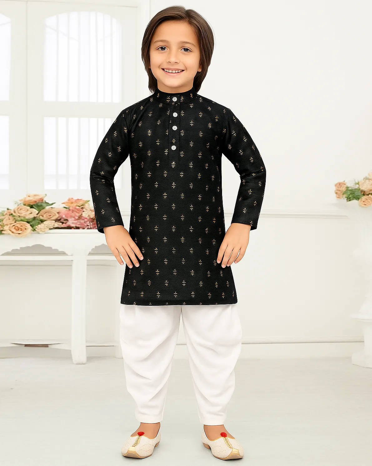 Black Jacquard Zari Work Boy's Kurta Pyjama