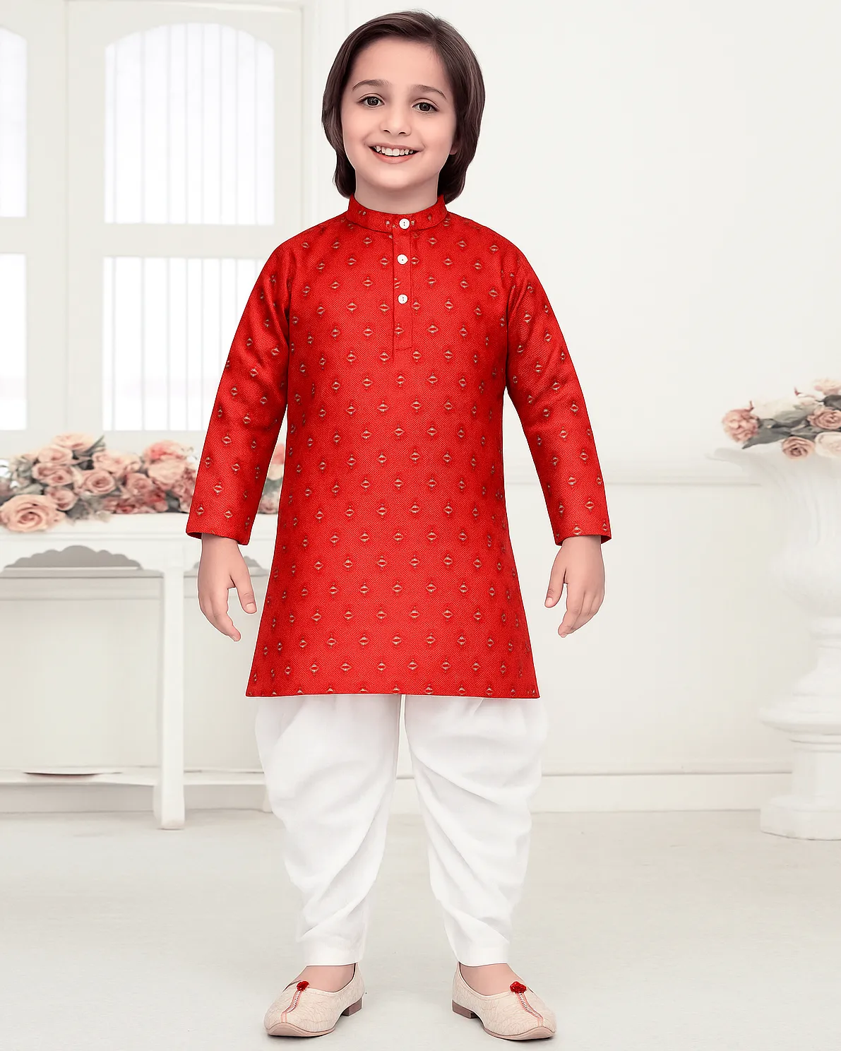 Red Jacquard Zari Work Boy's Kurta Pyjama