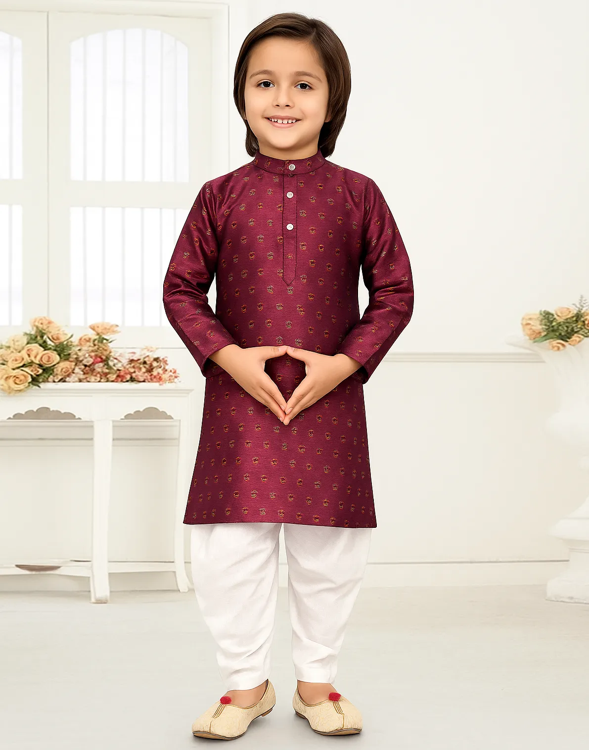 Wine Jacquard Zari Work Boy's Kurta Pyjama