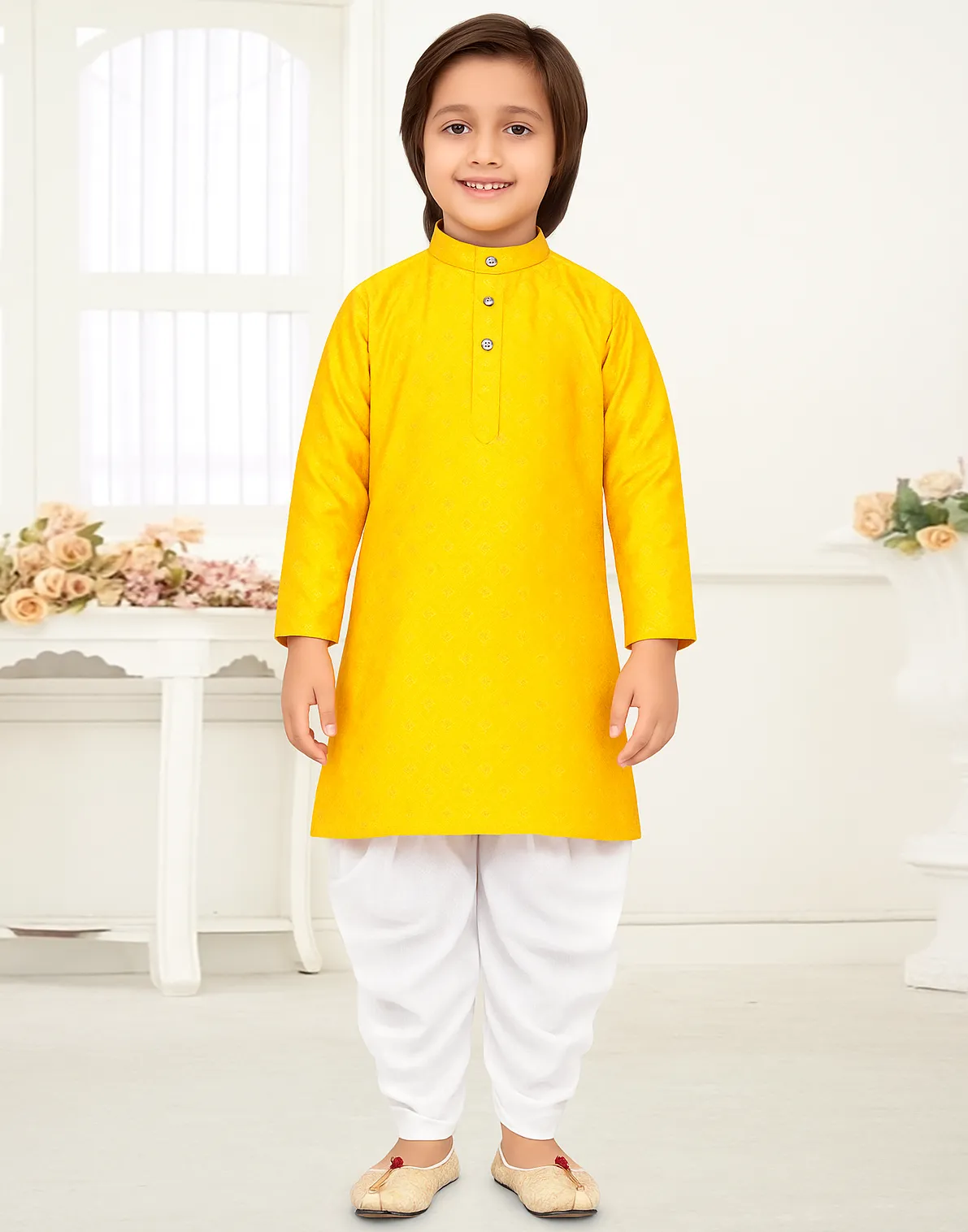 Yellow Jacquard Zari Work Boy's Kurta Pyjama