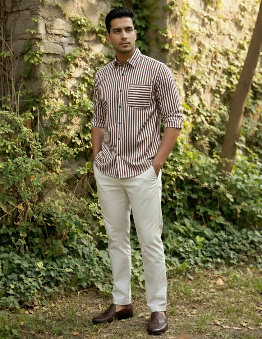 Brown Important Fabric Striped Men's Shirt