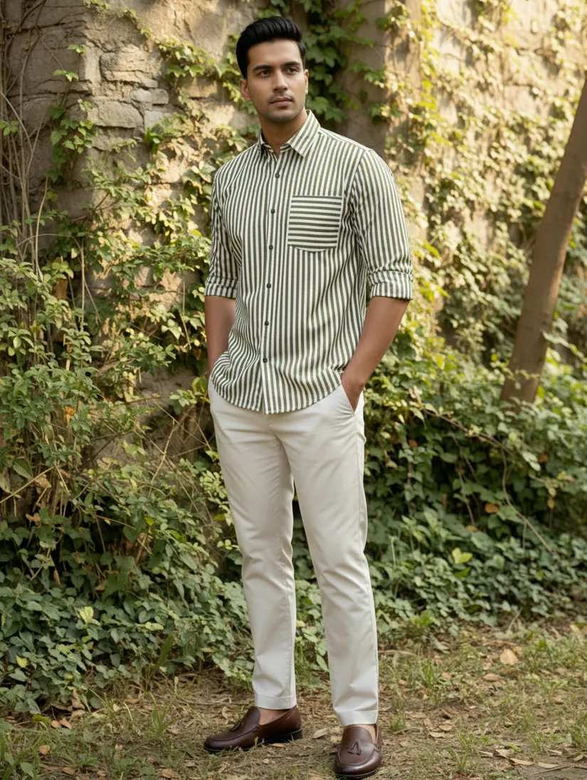 Olive Green Important Fabric Striped Men's Shirt