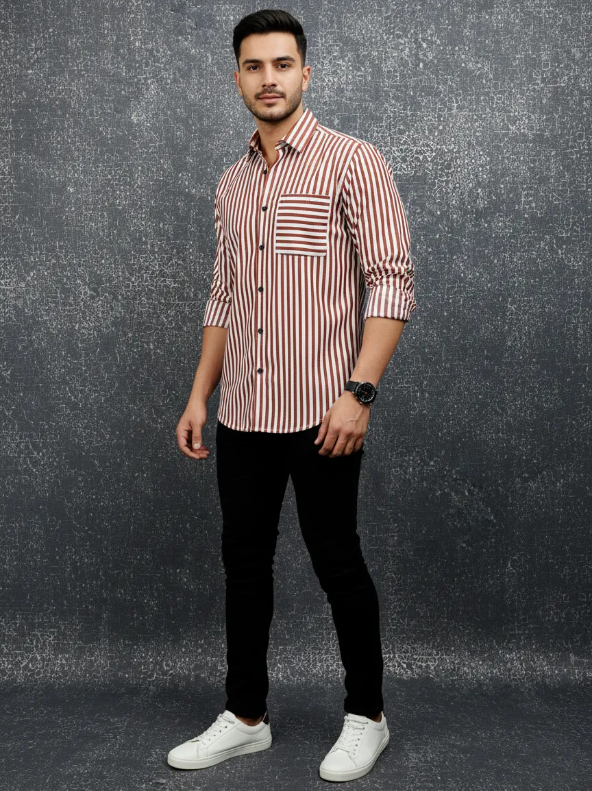 Red Important Fabric Striped Men's Shirt