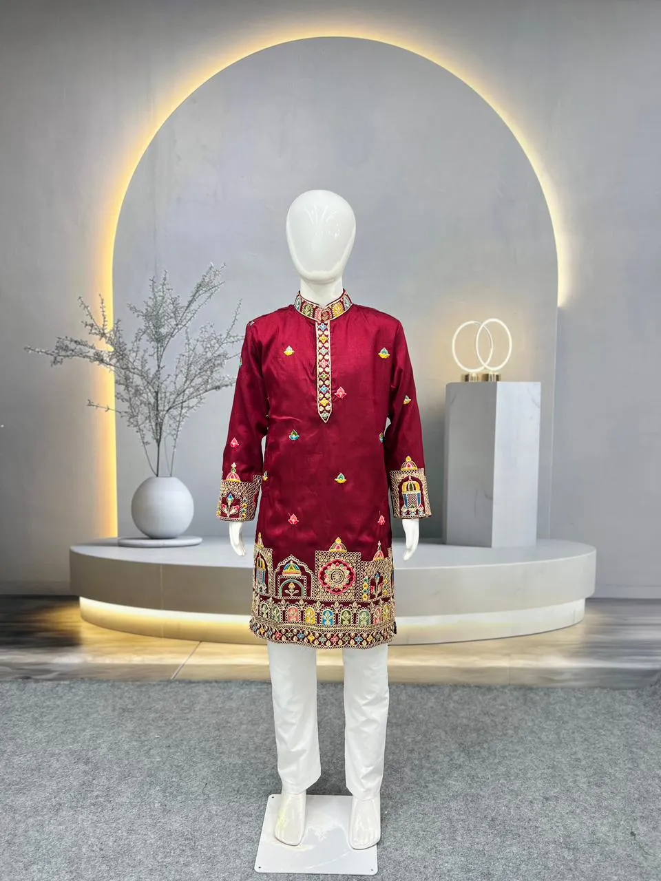 Red Heavy Silk Daman Work Kids Kurta Set - Image 2