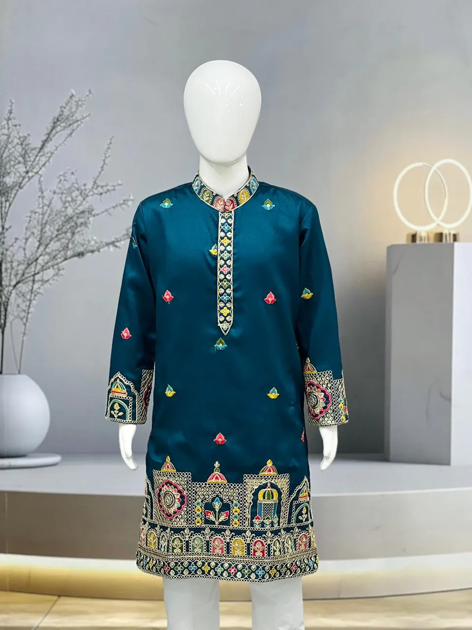 Teal Heavy Silk Daman Work Kids Kurta Set - Image 3
