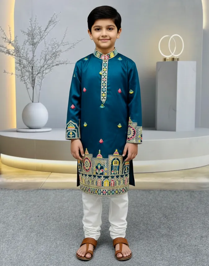 Teal Heavy Silk Daman Work Kids Kurta Set