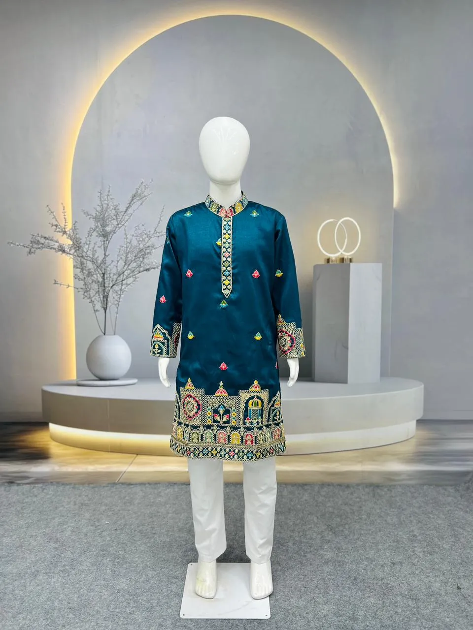 Teal Heavy Silk Daman Work Kids Kurta Set - Image 2