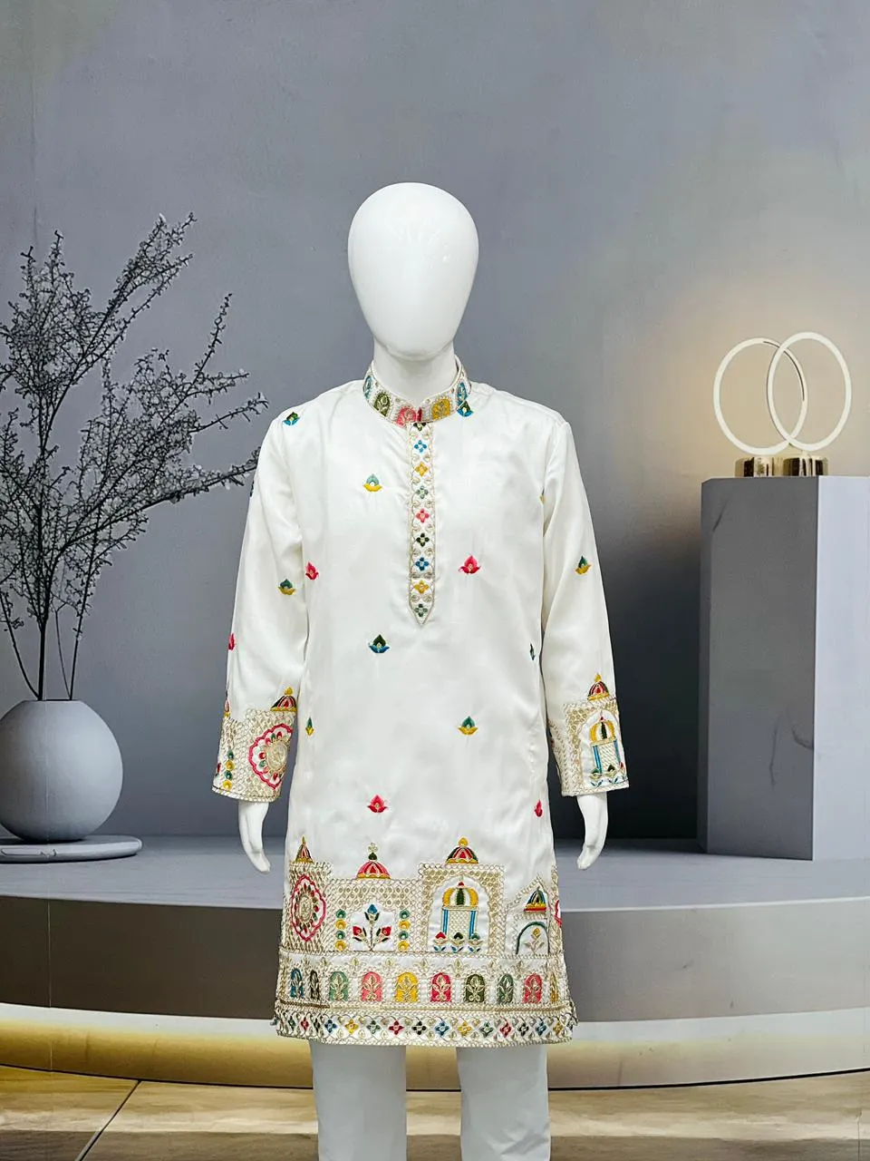 White Heavy Silk Daman Work Kids Kurta Set - Image 3