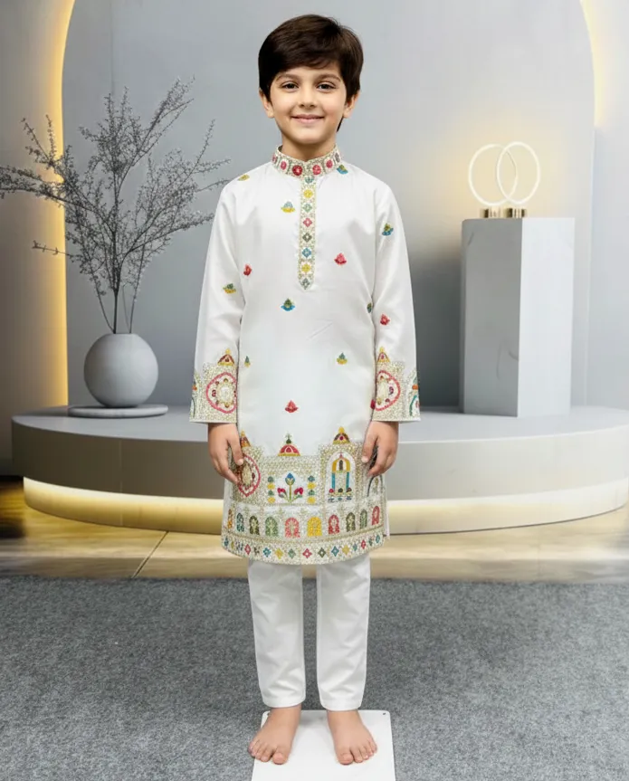 White Heavy Silk Daman Work Kids Kurta Set