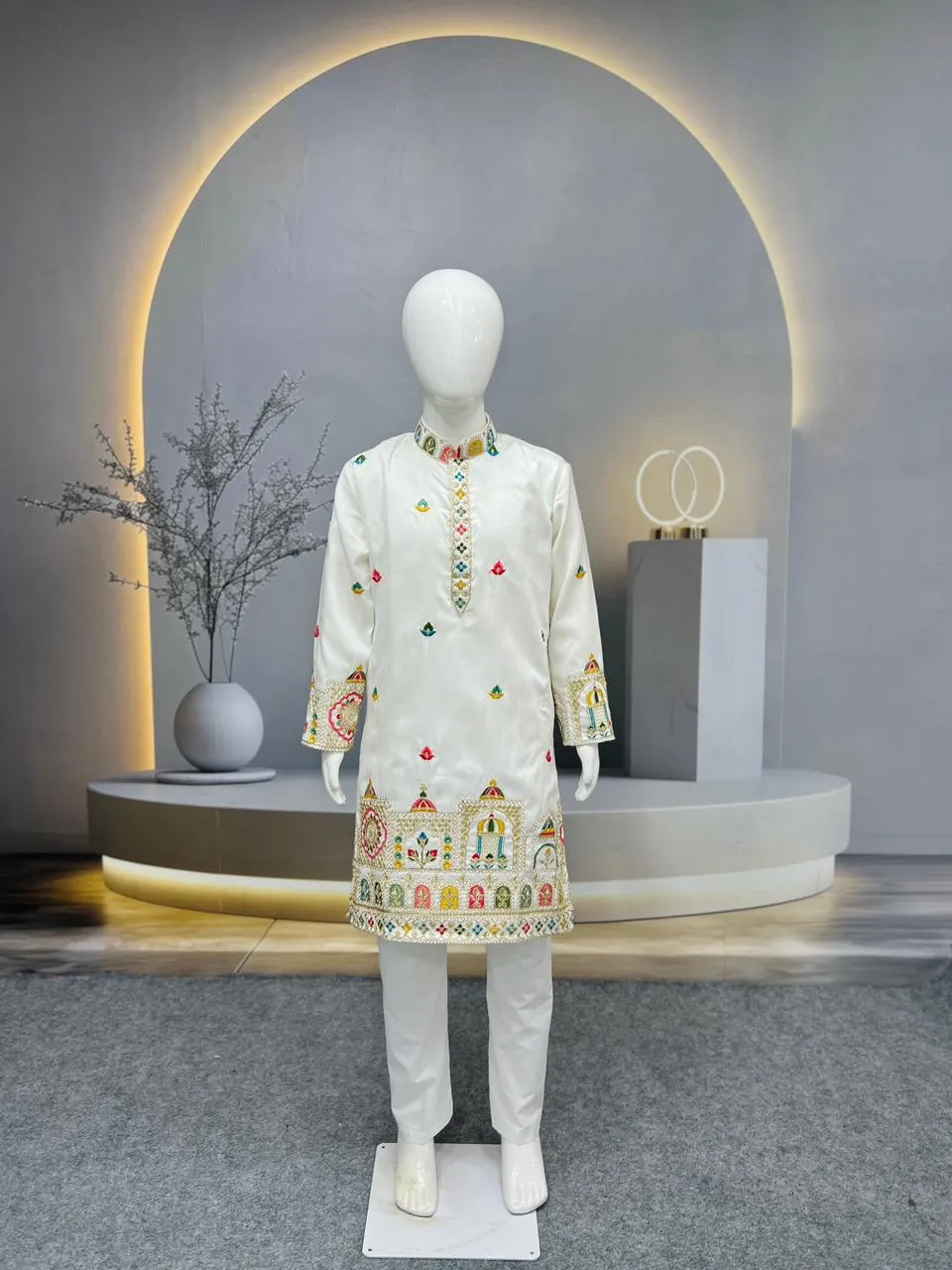 White Heavy Silk Daman Work Kids Kurta Set - Image 2