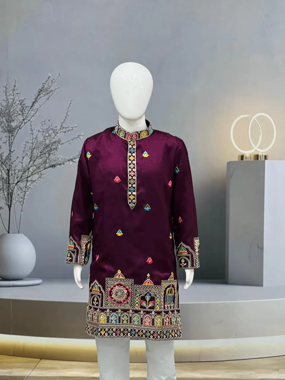 Wine Heavy Silk Daman Work Kids Kurta Set - Image 3