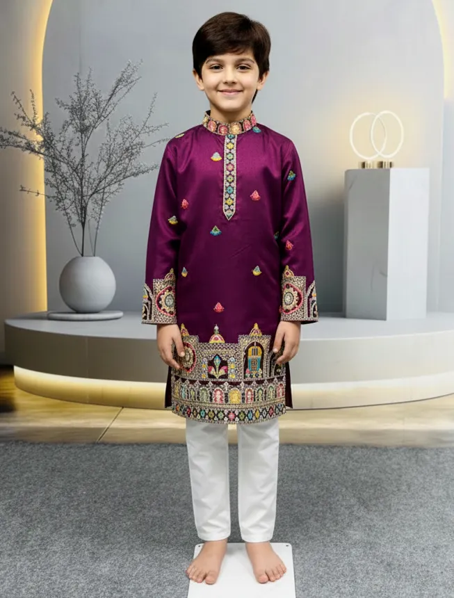 Wine Heavy Silk Daman Work Kids Kurta Set