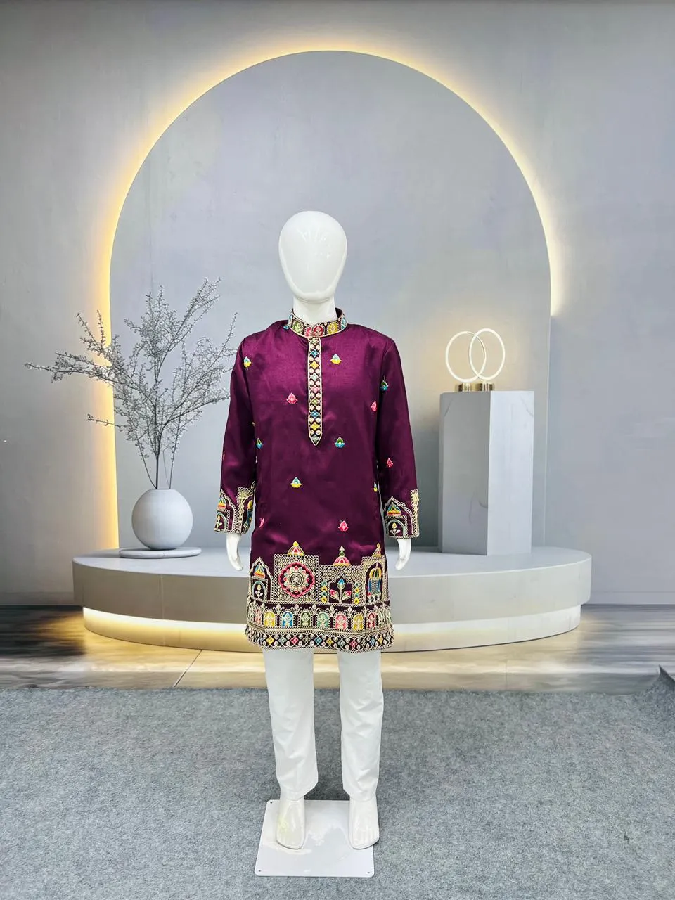 Wine Heavy Silk Daman Work Kids Kurta Set - Image 2