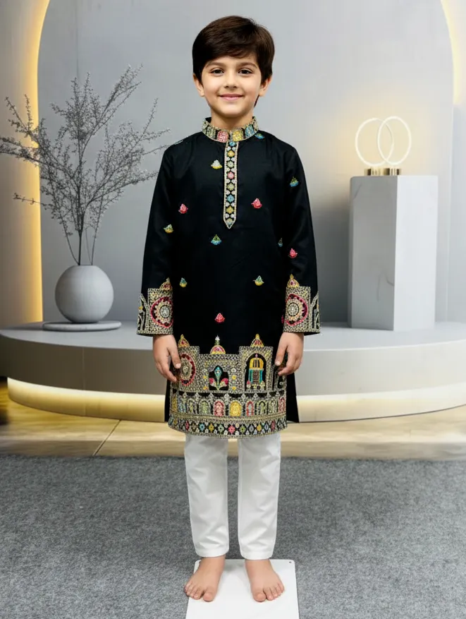 Black Heavy Silk Daman Work Kids Kurta Set
