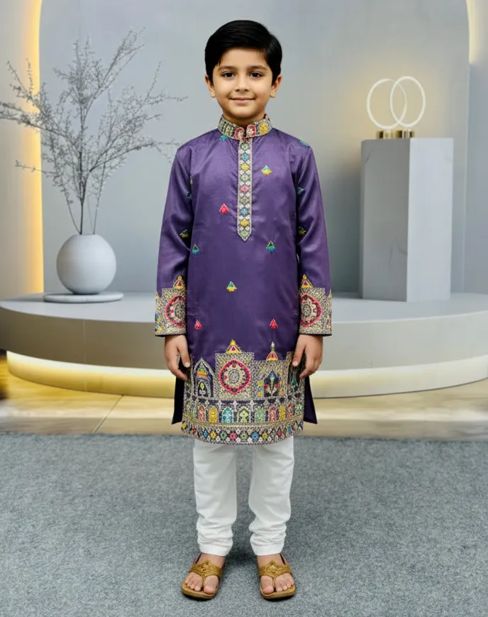 Purple Heavy Silk Daman Work Kids Kurta Set
