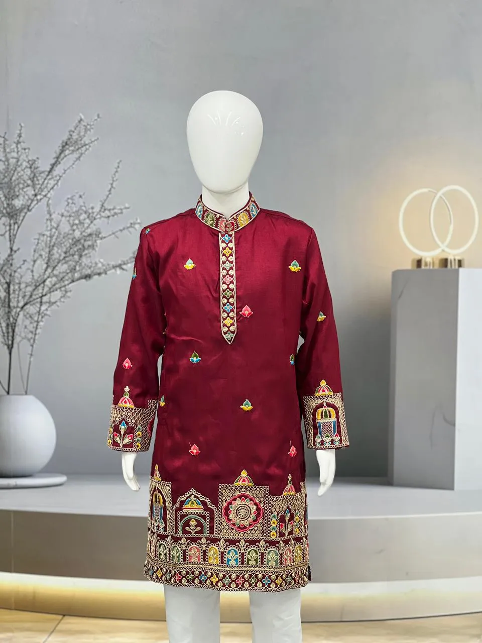 Red Heavy Silk Daman Work Kids Kurta Set - Image 3