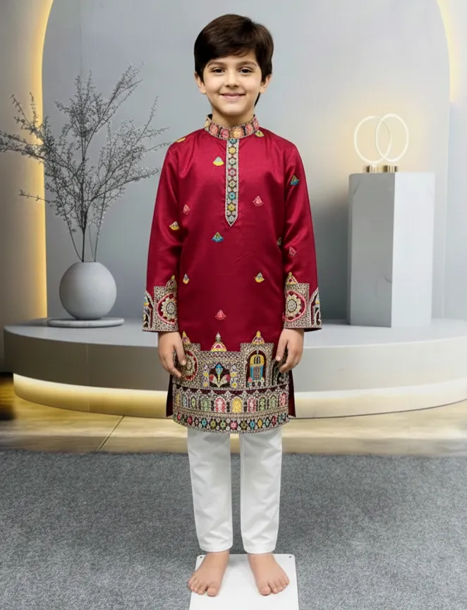 Red Heavy Silk Daman Work Kids Kurta Set
