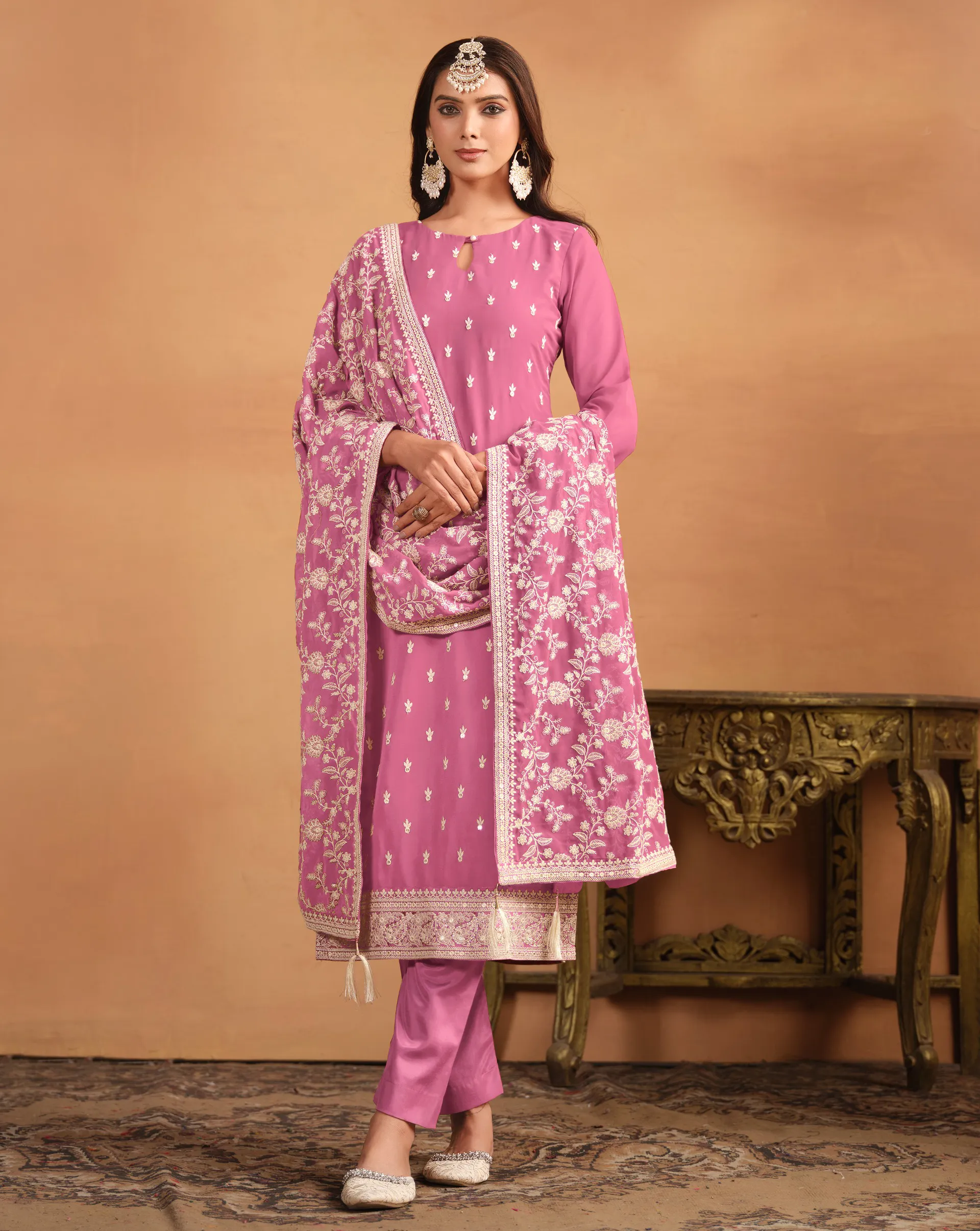 Pink Faux Georgette Embroidered Salwar Suit