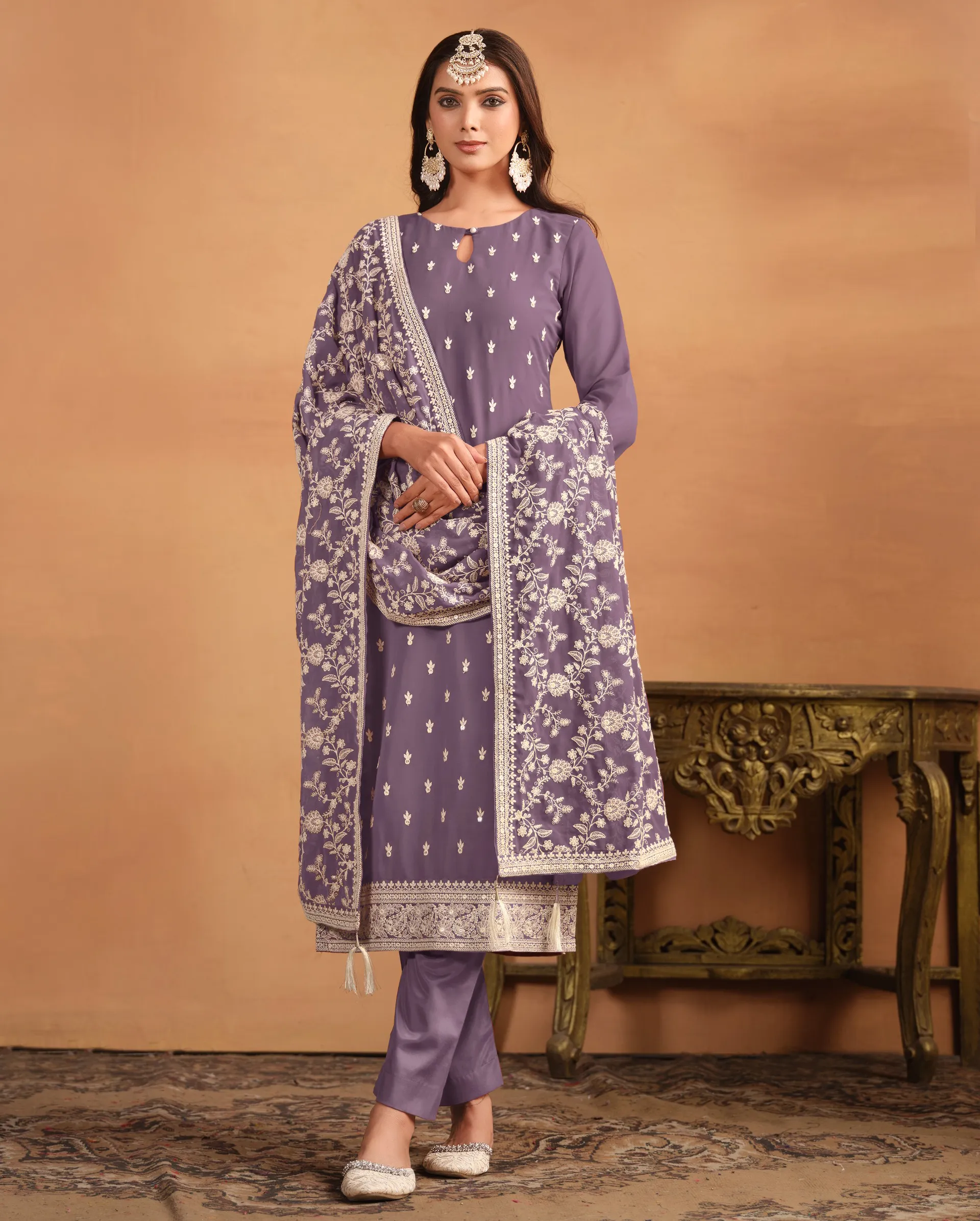 Dusty Purple Faux Georgette Embroidered Salwar Suit