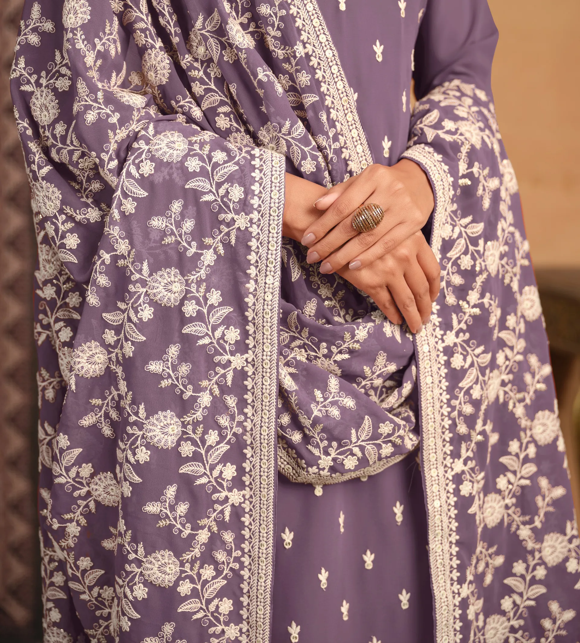 Dusty Purple Faux Georgette Embroidered Salwar Suit - Image 2