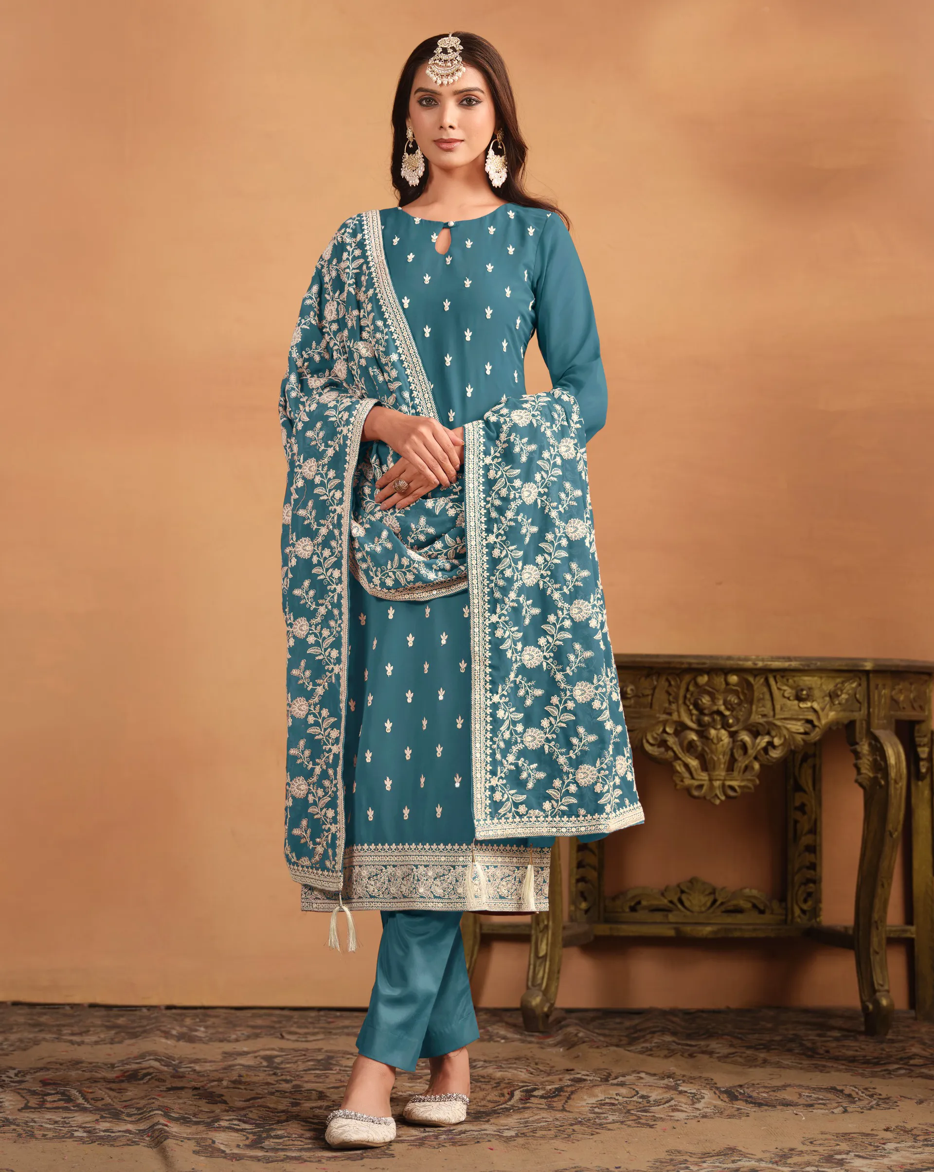 Teal Faux Georgette Embroidered Salwar Suit