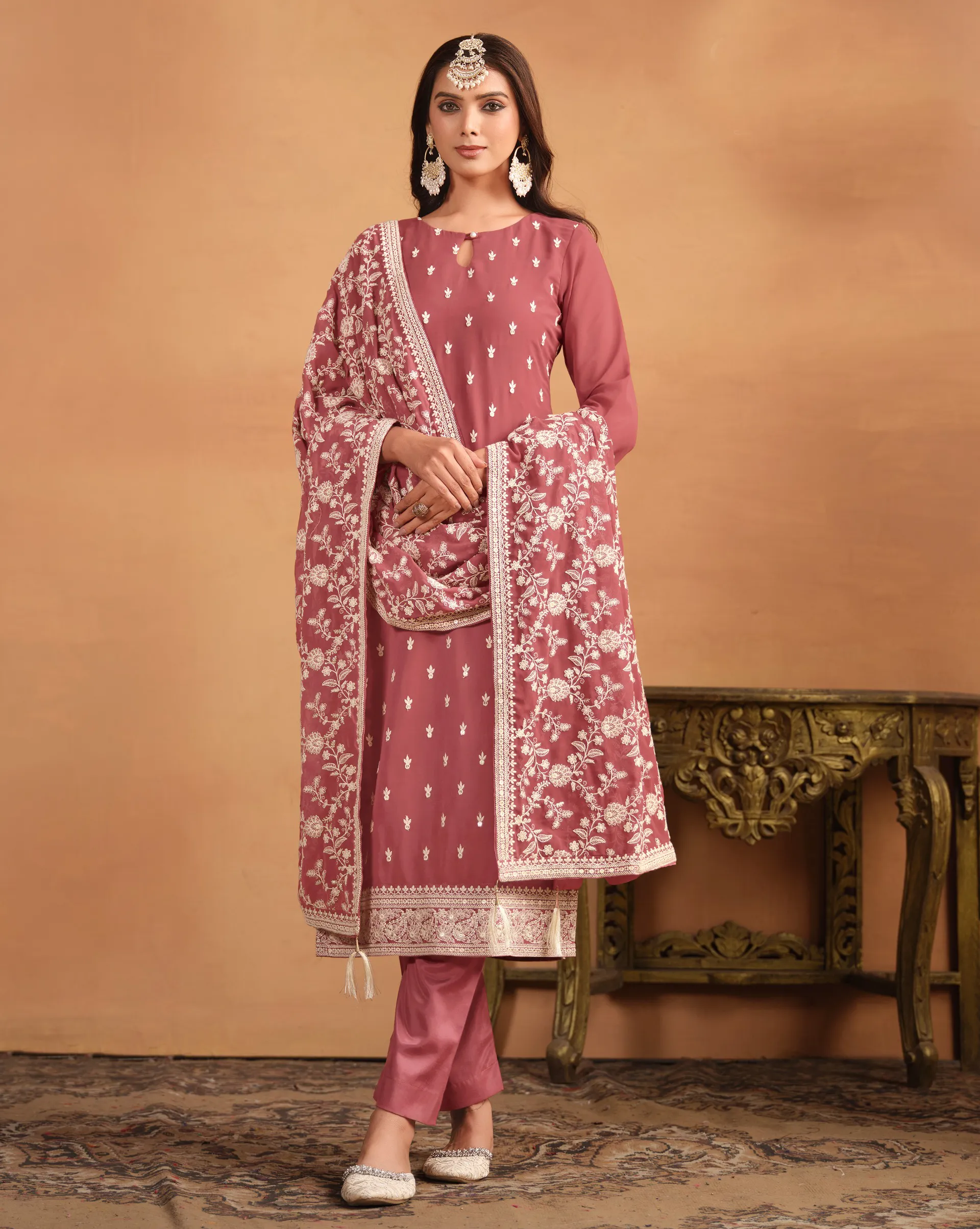 Peach Faux Georgette Embroidered Salwar Suit